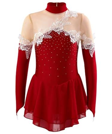 Oyolan Kids Girls Rhinestone Ice Skating Dress Mesh Splice Long Sleeve Leotards Skirted Junior Figure Skating Costume Burgundy 8 Years