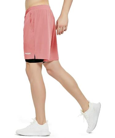 TENJOY Men's 2 in 1 Running Shorts - Quick Dry Gym Athletic Workout Shorts in Light Pink - Medium Size - Buy Online on SooperMarket.com