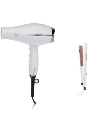 Conair 362C Infiniti Pro Tourmaline Ceramic Soft Touch Full Size Hair Dryer & Double Ceramic Flat Iron 1 Inch White/Rose Gold