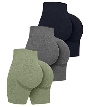 OQQ Women's 3 Piece High Waist Workout Shorts Butt Lifting Tummy Control Ruched Booty Smile Yoga Short Pants Black Grey Avocadogreen Large