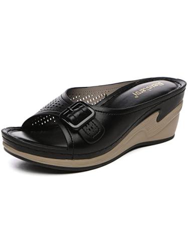 Alexis Leroy Women's Hollow Out Bow Slide Wedge Sandals 8-8.5 Buckle Black
