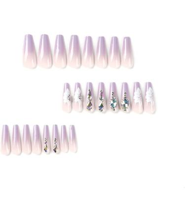 24pcs Light Purple Rhinestone Flower Pattern Long Coffin False Nails - French Fake Nails for Women and Girls - Buy Online on SooperMarket.com