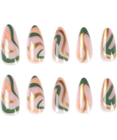 Justotry 24 Pcs Wavy Almond Short False Nails - Gold and Teal French Press On Nails | Trendy Fake Nails with Nail Glue | Nude Oval Medium Stick On Nails for Women - Buy Online on SooperMarket.com
