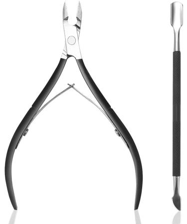 Cuticle Nipper with Cuticle Pusher-Professional Grade Stainless Steel Cuticle Remover & Cutter-Durable Manicure and Pedicure Tool (Black)