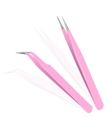2 Pack Eyelash Tweezers Stainless Steel Straight and Curved Tip Tweezers Eyelash Tweezers for Eyelash Extensions