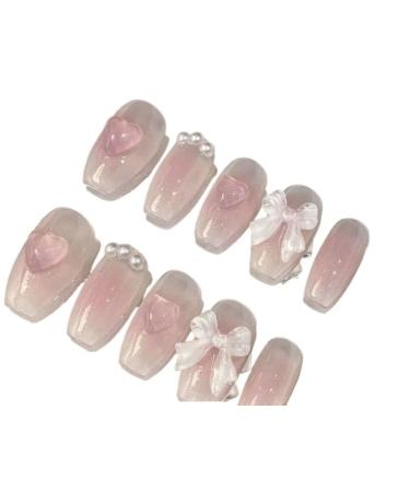 Cute Pink Sweet Princess Removable Handmade Wear Nail Art Vitality Girl Short Fake Nails Blush Bow Nail Patch (Color : XS)