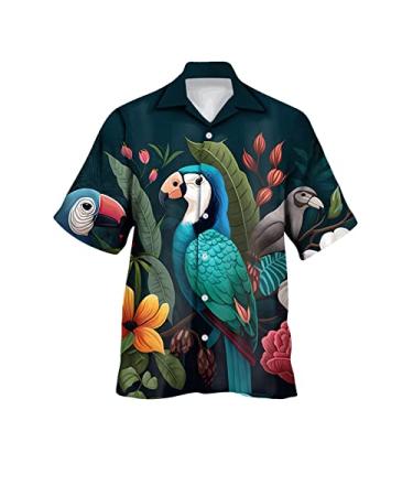 Mens Dress Shirt Short Sleeve Novelty 3D Pattern Holiday Summer Slim Fit Top Flower/Bird Print Hawaiian Button Down Shirt E-black Large