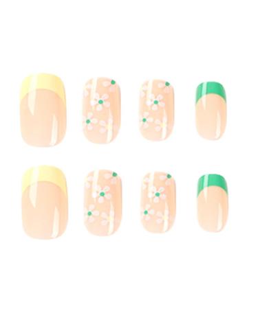 French Tip Press On Nails Short with White Flower Design | Yellow Green French False Nails | Spring Acrylic Stick On Nails for Women - Buy Online on SooperMarket.com