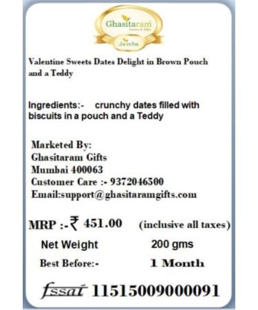 Jaiccha Ghasitaram Valentine Gifts - Valentine Sweets Dates Delight in Brown Pouch and a Teddy - Buy Online on SooperMarket.com