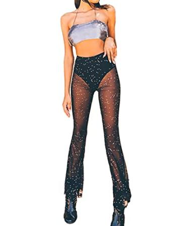 Anlaey Rave Mesh Sheer Dance Pants Sparkly Sequin Flared Bell Bottom Pants High Waist Festival Clubwear Outfits for Women 1 Pair Black Small