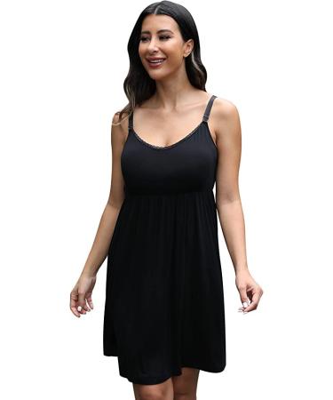 Sosolism Women's Nursing Nightdress with Padded Lace Trim Breastfeeding Dress Adjustable Strap Maternity Nursing Dress Black XL
