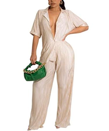 Ekaliy Women's 2 Piece Casual Pleated Outfits Short Sleeve Button Down Shirt High Waist Wide Leg Trouser Sets Suit 30champagne Large