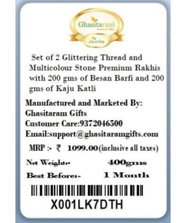 Ghasitaram Gifts Rakhi for Brother Rakhis Online - Set of 2 Glittering Thread and Multicolour Stone Premium Rakhis with 200 GMS of Besan Barfi and 200 GMS of Kaju Katli - Buy Online on SooperMarket.com