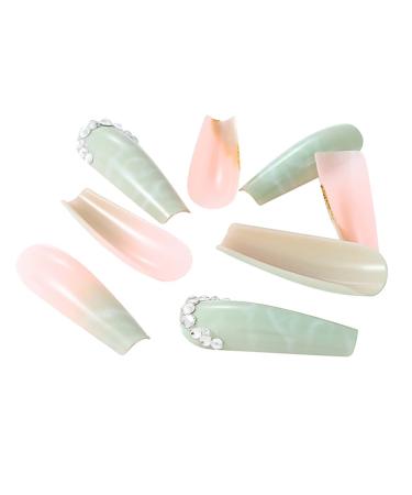 Brishow Coffin Artificial Nails - Long Pink Green Bellarina Acrylic Press-On Nails - 24pcs for Women & Girls | International Shipping - Buy Online on SooperMarket.com