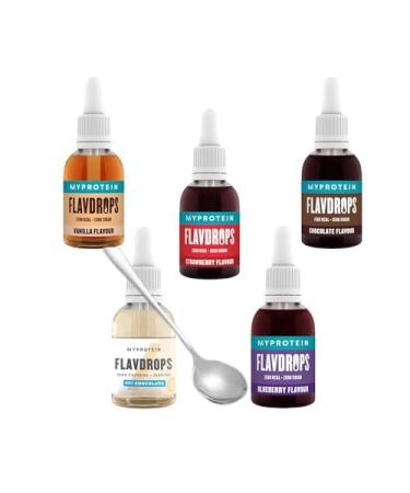 Flavour Drops Bundle with Protein Flavdrops and Spoon Set Includes Chocolate Strawberry White Chocolate Blueberry and Vanilla 50ml Each - Pack of 5 - Zero Calories