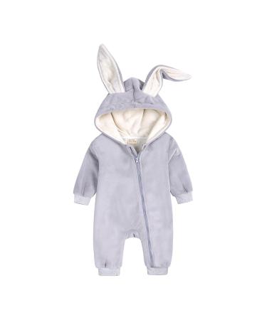 Kids Tales Newborn Baby Winter Warm Outfits Cute Rabbit Ear Hooded Zipper Romper 9-12 Months Thick Fleece 01