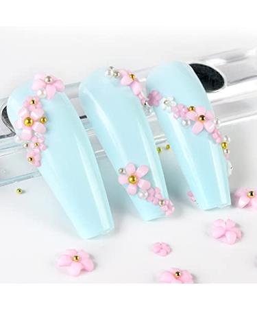 3D Flower Caviar Beads Nail Art Decals - White Pink Acrylic Charms with Pearl Beads for DIY Manicures - Buy Online on SooperMarket.com