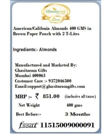 Jaiccha Ghasitaram Diwali Gifts Dryfruit - American/ Califonia Almonds 400 GMS in Brown Paper Pouch with 2 T-Lites - Buy Online on SooperMarket.com