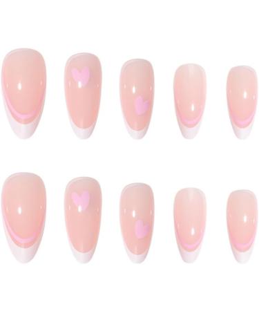 24Pcs French False Nails White Tip - Medium Length Almond Pink Press on Nails with Ballet Heart Design - Buy Online on SooperMarket.com