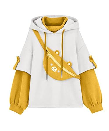 Attine Cute Bear Hoodies for Womens Kawaii Brown Sweatshirt Patchwork Long Sleeve Pullover Costume with Personality Bag A02-yellow 3X-Large