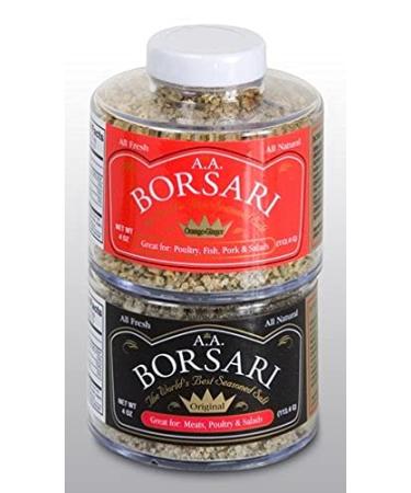 Borsari Seasoned Salt Combo - Multi-Use All Purpose Original and Orange Ginger Seasonings - Gourmet Sea Salt Blends With Herbs and Spices - Gluten Free - Set of 2, 4 oz Shaker Bottles Original/Orange Ginger
