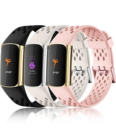 Maledan Compatible with Fitbit Charge 5 Bands Women Men - Breathable Sport Band Soft Waterproof Replacement Wristbands Strap for Fitbit Charge 5 Advanced Fitness Tracker 3 Pack Black/ Pink Sand/ Lunar White