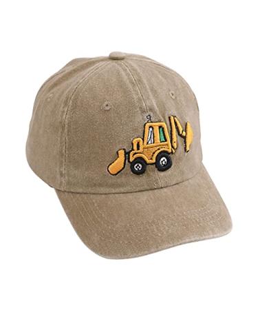 Cute Embroidery Excavator Kids Baseball Cap Adjustable Cotton Washed Vintage Cowboy Hat for Boys Girls Age 2-8 Khaki