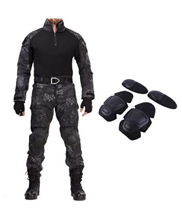 HANWILD Men's Military Uniform Tactical Suit Combat Shirts and Pants BDU Airsoft Paintball Clothing with Knee Pads Black Python X-Large