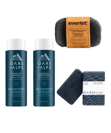 MightyNest Men's Shower Set: Oars and Alps Blue Charcoal Bar Soap Shampoo Conditioner and Charcoal Body Sponge | Plastic Free | Moisturizing for all Skin and Hair Types | 4 Piece Bath Gift Set Oars + Alps Shampoo and Conditioner - Charcoal Soap - Sponge