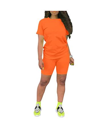 PINSV Women's 2 Piece Outfits Summer Printing Bodycon Short Pants Workout Sets Orange Large