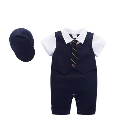 AmzBarley Baby Boys Gentlemans Outfit Suit Kids Long/Short Sleeve Dress Shirt Pants Vest Bowtie Tuxedo Rompers Childs Birthday Evening Holiday Party Navy 104 18-24 Months