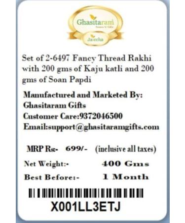 Ghasitaram Gifts Rakhi for Brother Rakhis Online - Set of 2-6497 Fancy Thread Rakhi with 200 GMS of Kaju katli and 200 GMS of Soan Papdi 2 Rakhis with 200 gms of Kaju katli and Soan Papdi - Buy Online on SooperMarket.com