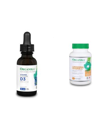 Organika Vitamin D3 Liquid 2500IU- Olive Oil Base Immune System Support- 30ml & Liposomal Vitamin C 500mg- High Absoprtion for Superior Bioavailability Immunity- 60vcaps Nutritional Supplement + Vitamin C 500mg