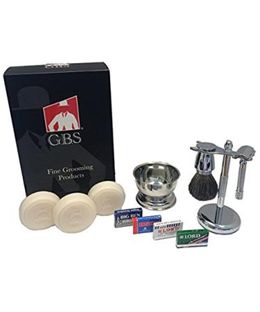 GBS Gift Set - Comes with Gift Box - MK Safety Razor Pure Badger Shaving Brush Brush and Razor Stand Chrome Bowl 3 Pack of GBS Shaving Soap and 25 Blades!