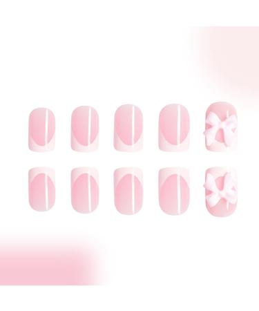 White French Tip Press on Nails with Pink Bow | Short Square Glue on Acrylic Manicure Art | 24 Pcs Glossy Nude Pink Fake Nails for Women & Girls - Buy Online on SooperMarket.com