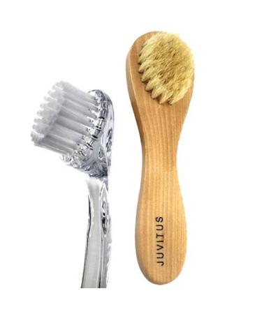 JUVITUS Extreme Exfoliating Face Brush: Natural Bristles and Wood + Gentle Exfoliating & Cleansing Facial Brush Nylon Bristles Clear Handle Set