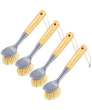 Garta 4 Pieces Long Handle Dish Brush Wooden Dish Brush with Bamboo Handle Bristles Dish Scrubber with Built-in Scraper
