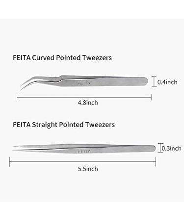 FEITA Pro Eyelash Extension Tweezer Set - Straight & Curved Pointy Precision Fine Tip Tweezers - Silver (2Pcs) - Buy Online on SooperMarket.com