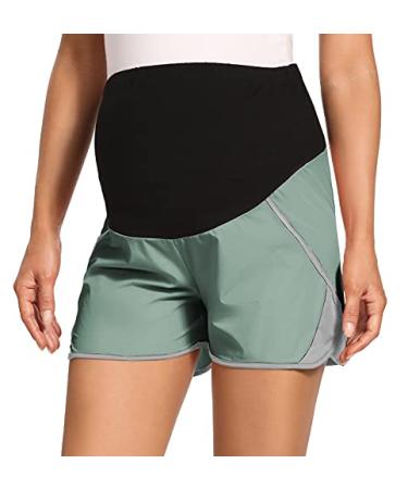 Foucome Maternity Quick-Dry Shorts Over The Belly Summer Lounge Workout Yoga Shorts with Pockets Green&grey, 5# Small