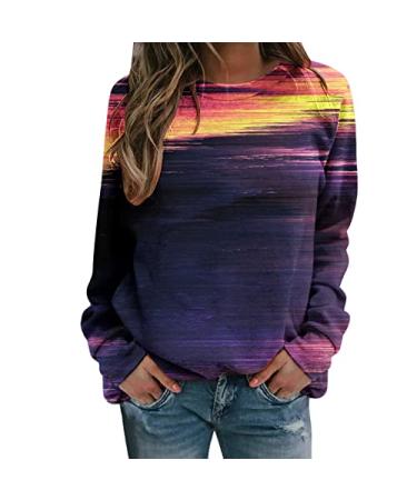 Women Long Sleeve Sweatshirt Tie Dye Round Neck Pullover Blouse Shirts Casual Lightweight Loose Fit Sweatshirt Medium C- Purple