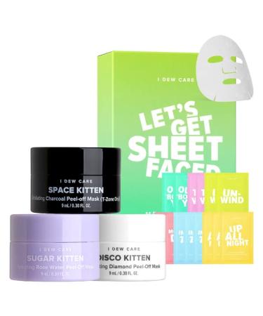 I DEW CARE Let s Get Sheet Faced Face Sheet Mask Pack + Mini Meow Trio Peel Off Face Mask Set: Hydrating Mask Illuminating Mask Exfoliating Mask Bundle