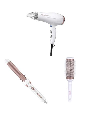 Double Ceramic 1875W Hair Dryer WITH CD701GNC Double Ceramic 1" Curling Iron AND Thermal Round Blow Drying Brush
