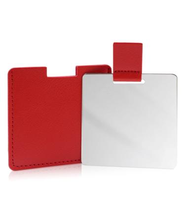 Shatterproof Stainless Steel Compact Mirror for Purses Unbreakable Mirror Travel with PU Leather Case Cover Handheld Camping Shaving Mirror for Women & Men Makeup Gift (Red)