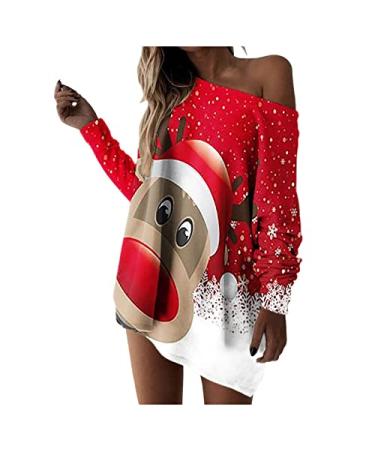 Women's Long T Shirts Christmas Shining Diamond Print Pullover Tops Skew Collar Long Sleeve Strapless Blouse Dress Large Red