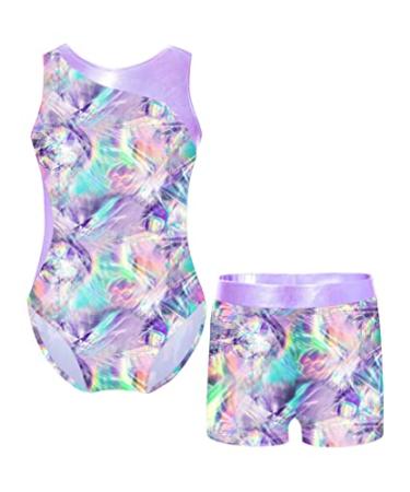 Sxiwei Kids Girls Metallic Sleeveless Gymnastics Leotard Ballet Dance Jumpsuit with Shorts Set Colorful Shadow 16 Years
