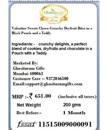 Jaiccha Ghasitaram Valentine Gifts - Valentine Sweets Choco Crunchy Dryfruit Bites in a Black Pouch and a Teddy - Buy Online on SooperMarket.com