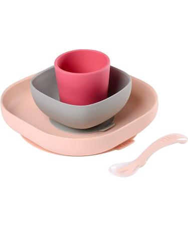 B aba - Silicone Feeding Meal Set - Set of 4 Pieces : Plate + Bowl + Cup + Spoon - Silicone with Strong Suction pad - Baby and Children - Pink