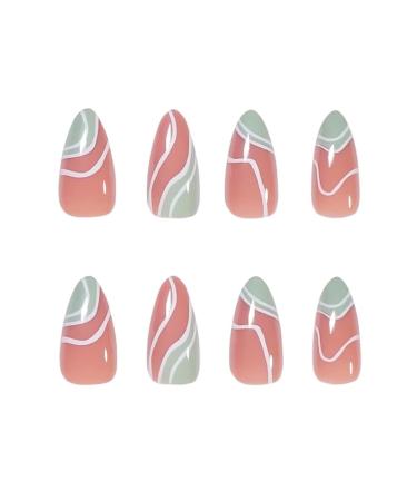 RikView Medium French Fake Nails Almond Green & White Swirls Design - Acrylic Nail Set - Buy Online on SooperMarket.com