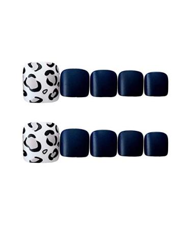 24pcs Black Press On Toenails Short Matte False Toenails with Leopard Decoration Design Acrylic Fake Feet Nails for Women