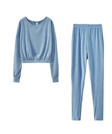 Maqroz Women Solid Lounge Set 2 Piece Long Sleeve Crewneck Sweatshirt Eleastic Hem and Long Pants Casual Sweatsuits Set Sky Blue Large